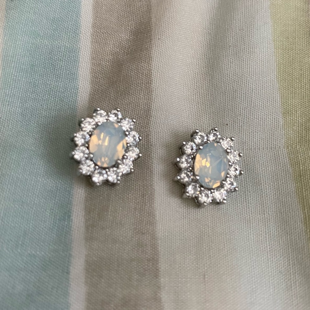 Oval white opal stud halo earrings